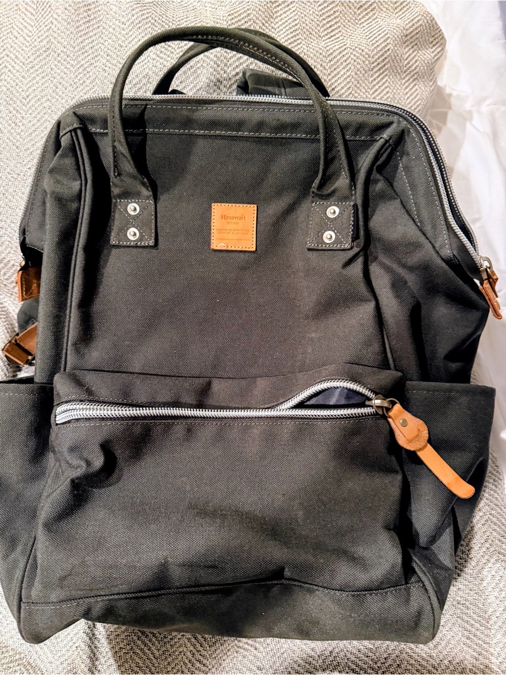 Grey Canvas Backpack with Tan Leather Accents by Himawari